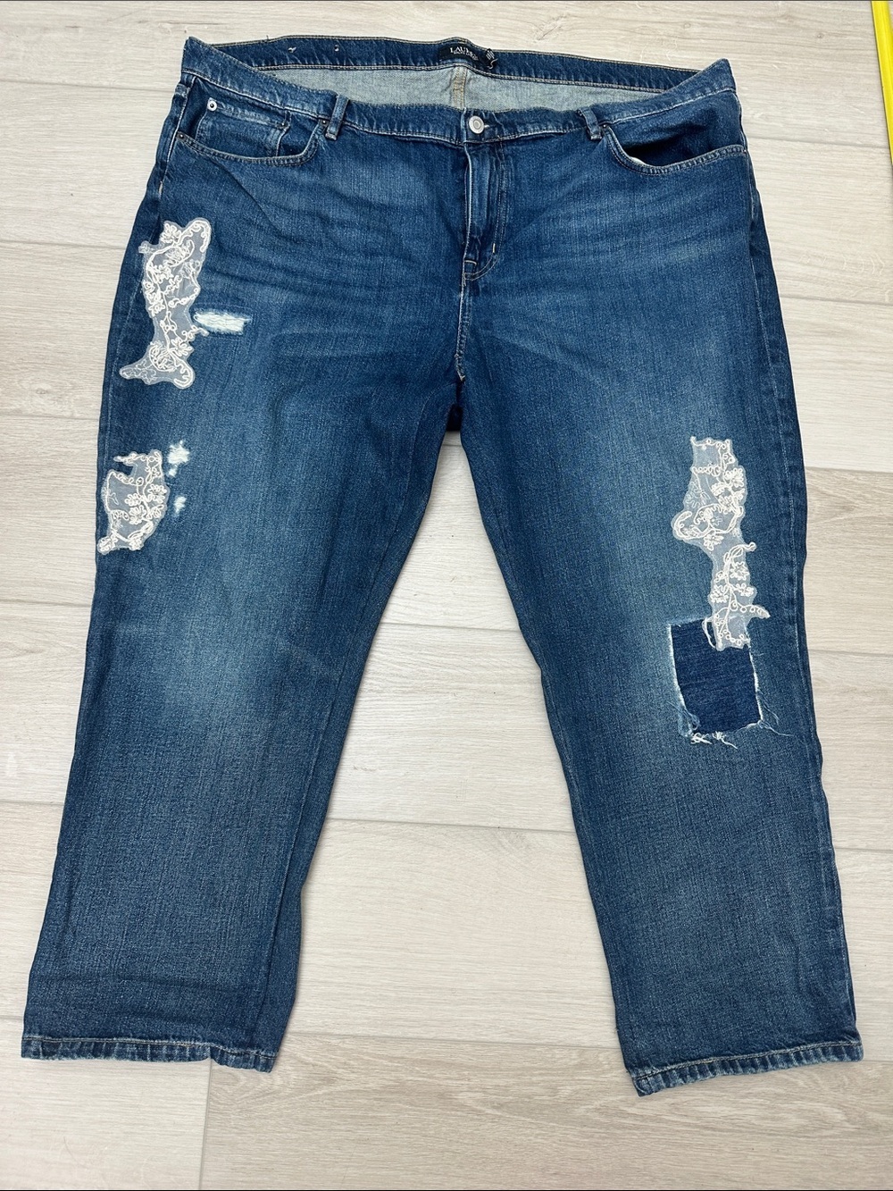 Lauren Ralph Lauren Dark Blue Distressed Lace Patch Jeans